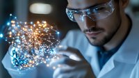 Young male scientist in lab coat and safety glasses examining glowing digital brain hologram visualization, representing artificial intelligence and neuroscience research.