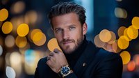 Confident Caucasian male model with beard wearing black turtleneck and luxury watch against blurred city lights bokeh background, evening portrait with warm atmosphere.