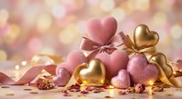 Pink and gold heart decorations with ribbons and confetti create romantic Valentine's Day celebration scene with warm bokeh background lighting effects.