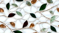 Elegant mosaic pattern with leaf-shaped tiles in green, brown, and white colors connected by copper lines, creating organic flowing design for interior decor.