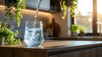 Fresh water pouring into glass on modern kitchen counter with natural sunlight and green plants creating healthy lifestyle atmosphere for wellness content.
