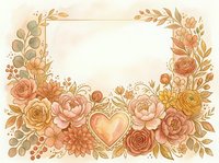 Watercolor floral frame with roses, peonies, and a golden heart on a warm beige background, perfect for wedding cards and invitations.
