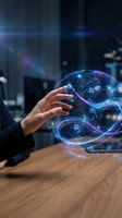 Hand touching glowing digital hologram with blue and purple particles, representing technology innovation, data visualization, and futuristic business solutions for corporate presentations.