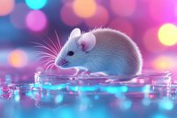 White mouse on reflective surface with colorful bokeh lights in pink and blue tones creating magical atmosphere. Suitable for greeting cards and decorative prints.