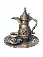 Ornate Middle Eastern coffee set featuring decorative brass dallah pot with turquoise inlays, matching cup and saucer on circular tray. Isolated on white background for design use.