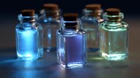Glowing magical potion bottles with cork stoppers arranged on dark surface, illuminated with ethereal blue, purple and green light creating mystical atmosphere.