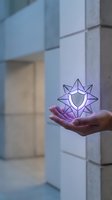 Hand holding glowing purple shield star icon with geometric design in modern office corridor, representing security, protection, and digital safety concepts for business applications.
