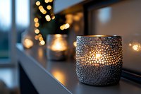 Glowing decorative candle holders with intricate mosaic pattern creating cozy atmosphere on windowsill, warm bokeh lights in background for home decor.