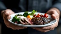 Professional chef presenting gourmet grilled steak dinner with fresh vegetables and colorful garnish on white plate in restaurant kitchen setting.