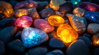 Glowing colorful healing crystals and stones illuminated from beneath on dark background, mystical mineral collection with vibrant orange, pink and blue lights.