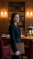 Professional businesswoman in navy suit holding leather portfolio in elegant library office with warm lighting and classic wooden bookshelves.