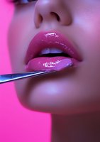Close-up of glossy pink lips with makeup brush applying shiny lip gloss against vibrant pink background, showcasing professional cosmetic application technique.