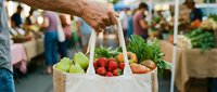 Man holding reusable shopping bag filled with fresh produce at farmers market, featuring tomatoes, carrots, and apples for sustainable grocery shopping.