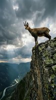 Mountain goat standing on rocky cliff edge overlooking dramatic valley landscape under stormy cloudy sky in wilderness nature setting.