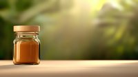 Small glass jar with golden honey on wooden surface against blurred green natural background with sunlight rays creating warm atmospheric mood.