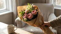 Fresh pink roses and greenery bouquet wrapped in brown kraft paper held by woman in cozy home interior with coffee cup on white sofa for gifting occasions.