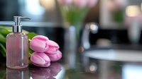 Glass soap dispenser with pink tulips on modern bathroom counter creating elegant spa-like atmosphere for home decor and wellness lifestyle concepts.