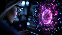 Young Asian woman looking at glowing purple holographic interface with digital clock and particles in dark environment. Futuristic technology concept.