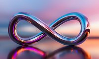 Metallic infinity symbol with iridescent blue and purple gradient colors reflecting on glossy surface against soft pink and blue background.