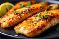 Grilled fish fillets seasoned with spices and herbs, garnished with fresh parsley and lemon on black plate, close up view of golden crispy seafood dinner.