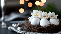 White eggs decorated with fresh tulips in natural twig nest on rustic table setting with bokeh lights background creates elegant Easter or spring celebration atmosphere.