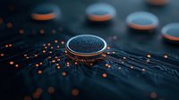 Glowing orange circuit paths lead to metallic circular nodes on dark textured surface, creating futuristic technology concept with dramatic lighting and depth of field.