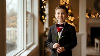Young boy in elegant black tuxedo with red bow tie holding single red rose, smiling warmly in luxurious interior with golden bokeh lights for special occasions.
