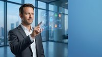 Professional businessman interacting with digital security interface in modern office environment for cybersecurity and technology presentations.