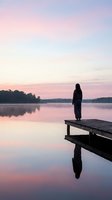 Woman in dark clothing standing on wooden dock at sunrise, gazing at calm lake with pink and purple sky reflection, serene morning landscape for contemplation and peace themes.
