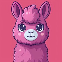 Cute pink llama character with big eyes and fluffy fur on pink background, cartoon style illustration for children products, stickers and greeting cards.