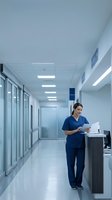 Female nurse in blue scrubs reviewing medical documents at modern hospital corridor workstation with clean contemporary architecture and natural lighting.