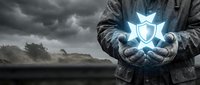 Person in business attire holding glowing shield symbol representing security, protection and cybersecurity solutions for corporate defense and digital safety concepts.