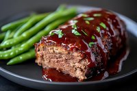 Juicy glazed meatloaf slice with rich brown sauce and fresh steamed green beans served on dark plate, close up view showing moist texture and savory appeal.