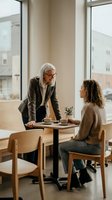 Senior businessman with glasses mentoring young African American woman colleague in modern office cafe during professional meeting with coffee cups.