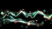 Financial data visualization with glowing candlestick chart and flowing energy waves on dark background for trading analytics and market research.