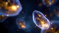 Glowing microscopic cell with luminous energy core against dark background, floating with ethereal light particles and bokeh effects. Scientific visualization.