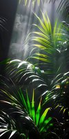 Tropical palm fronds illuminated by dramatic sunlight streaming through misty atmosphere, creating vibrant green and yellow tones with atmospheric depth and natural lighting effects.