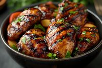 Grilled chicken thighs glazed with sweet and savory Asian-inspired sauce, garnished with fresh herbs and citrus in black ceramic bowl, close up food photography.
