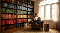 Young woman reading book in cozy home library with floor-to-ceiling bookshelves and natural window light creating peaceful study atmosphere.
