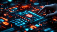 Futuristic circuit board with glowing dollar symbol and human hand touching digital interface, neon orange and blue lights illuminate electronic components.