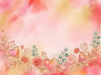 Watercolor floral border with pink roses, gold leaves, and heart shapes on soft gradient background. Perfect for wedding invitations, greeting cards, and romantic design projects.