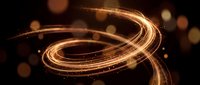 Golden light trails swirling in elegant curves against dark background with bokeh effects for motion graphics and digital art projects.