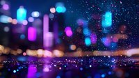 Vibrant night cityscape with defocused neon lights reflecting on wet surface creating dreamy bokeh effect in purple and blue colors. Atmospheric urban scene.