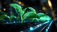 Young green plant sprout with glowing neon effect against dark background, magical sparkles and bokeh lights create futuristic nature concept.