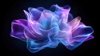 Ethereal smoke art in vibrant blue and purple hues swirling against black background creates abstract floral shape with translucent flowing layers.