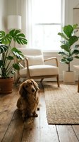 Adorable golden retriever dog sitting in bright modern living room with houseplants and natural light streaming through window.