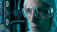 Female scientist in protective eyewear analyzing digital data on futuristic holographic interface in modern laboratory for medical research and technology.