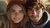 Young Caucasian couple smiling at camera in warm sunlight, wearing casual winter clothing with knit hat and hoodie, sharing intimate romantic moment outdoors.