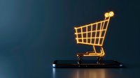 Glowing neon shopping cart icon floating above smartphone on dark background, representing online shopping and e-commerce technology concept.