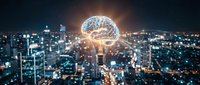 Glowing brain lightbulb floating above smart city at night with digital network connections representing artificial intelligence and innovation concepts.